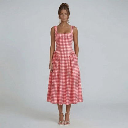 Women's corset square neck gingham midi dress in red, front view