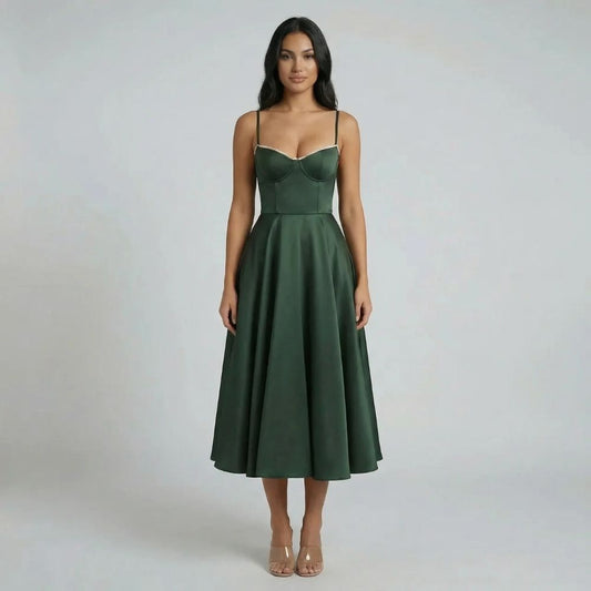 Women's corset sweetheart neckline midi dress in green, front view