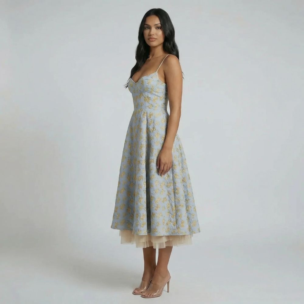 Women's corset sweetheart neckline midi dress in gray, front view