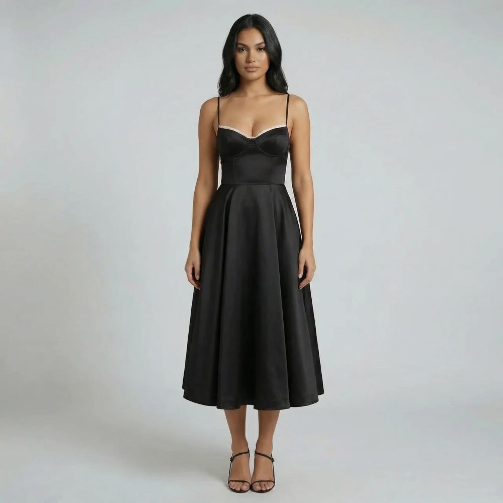 Women's corset sweetheart neckline midi dress in black, front view