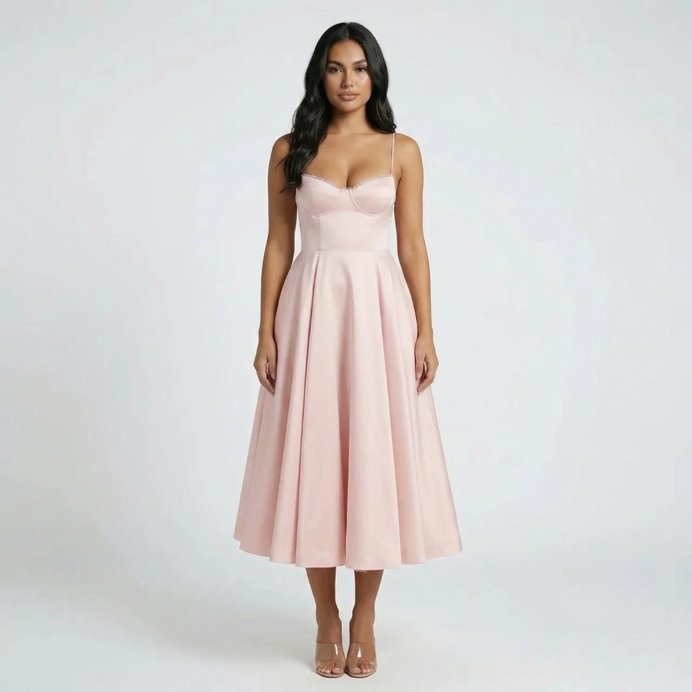Women's corset sweetheart neckline midi dress in pink, front view