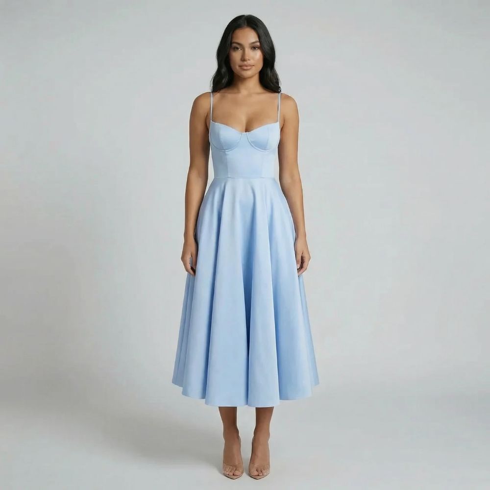 Women's corset sweetheart neckline midi dress in blue, front view