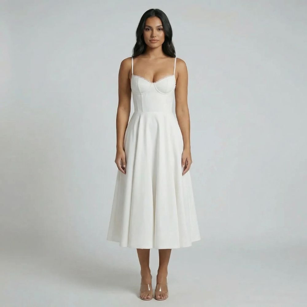 Women's corset sweetheart neckline midi dress in white, front view