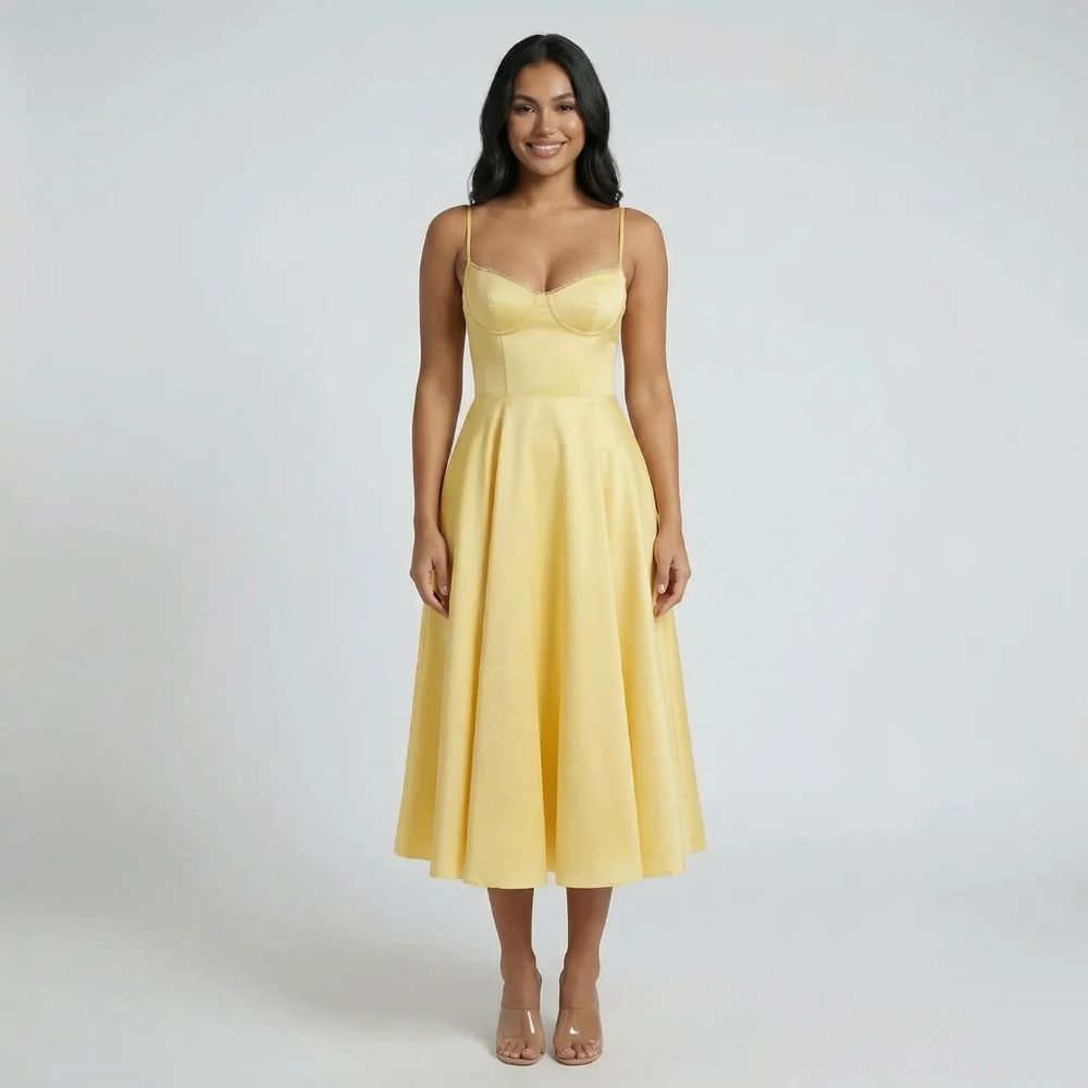 Women's corset sweetheart neckline midi dress in yellow, front view