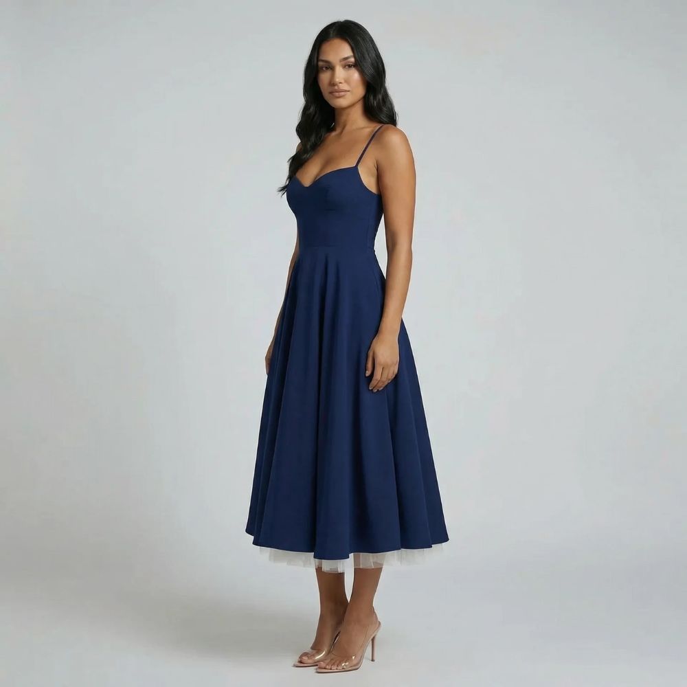 Women's corset sweetheart neckline midi dress in navy, front view