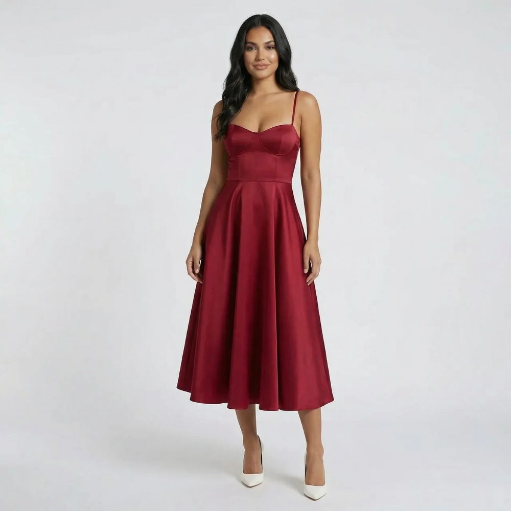 Women's corset sweetheart neckline midi dress in red, front view