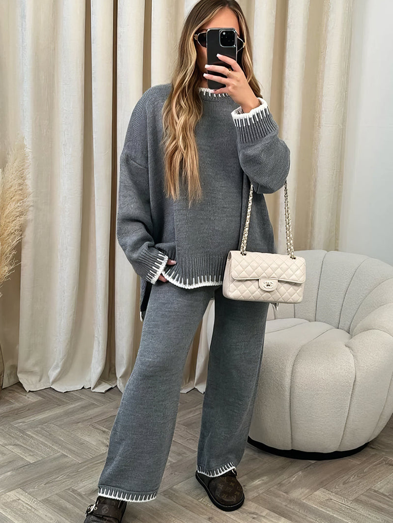 Women's crew neck long sleeve lounge set in dark grey, front view