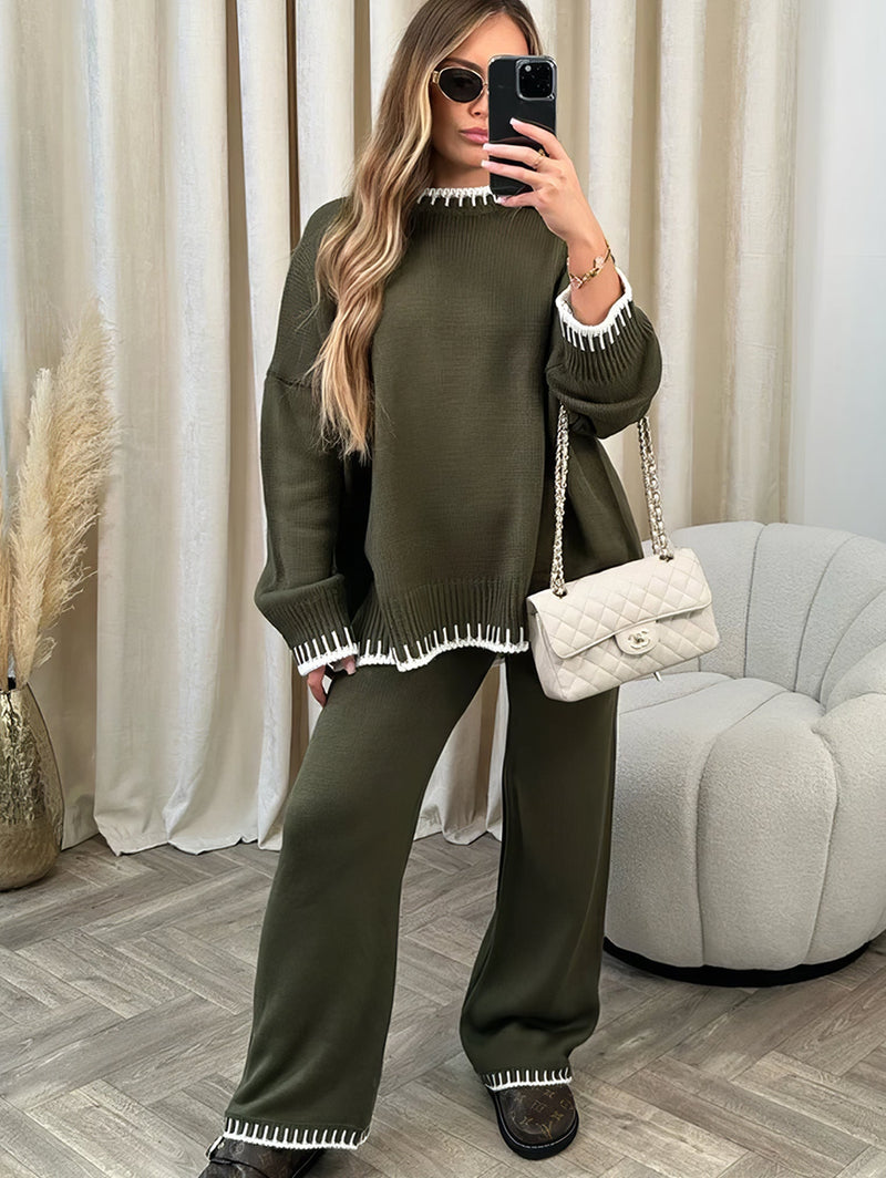 Women's crew neck long sleeve lounge set in green, front view