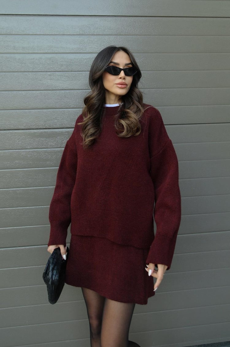 Women's crew neck long sleeve skirt set in burgundy, front view