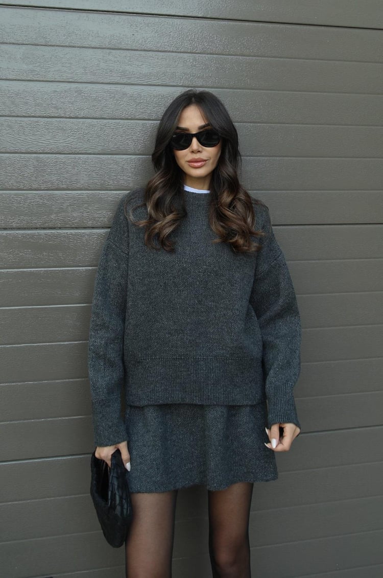 Women's crew neck long sleeve skirt set in grey, front view