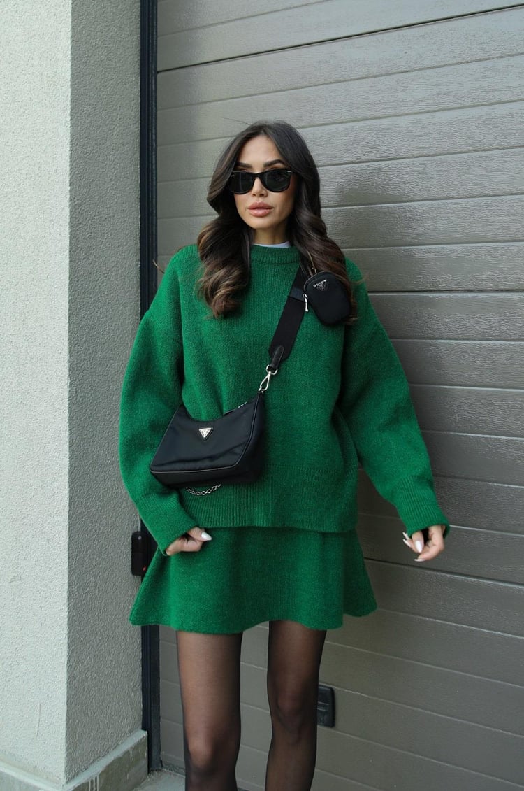 Women's crew neck long sleeve skirt set in green, front view