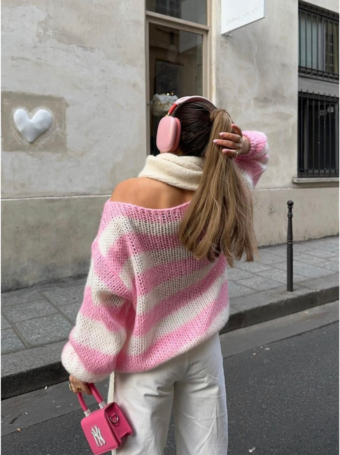 Women's crew neck striped top in pink, back view