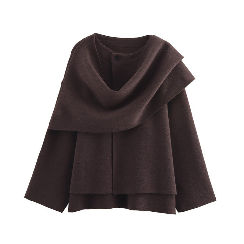 Women's draped long sleeve wrap coat in dark brown, front view