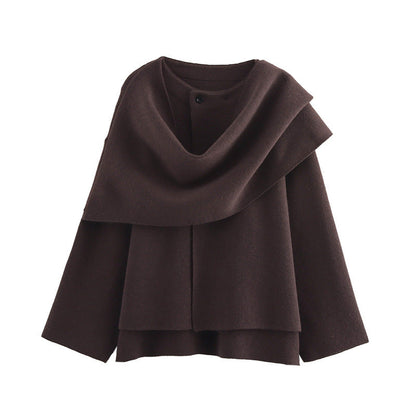Women's draped long sleeve wrap coat in dark brown, front view