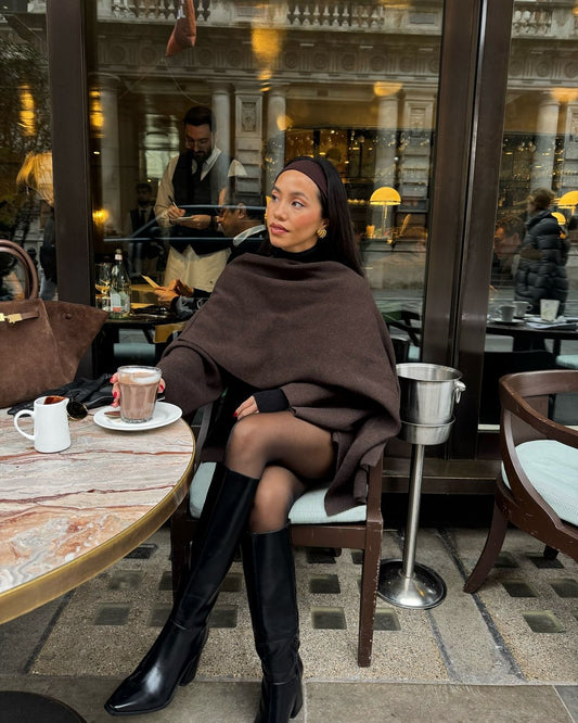 Women's draped long sleeve wrap coat in dark brown, detail view