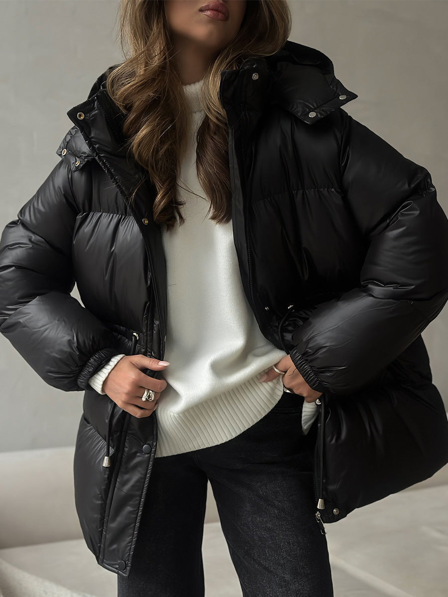 Women's drawstring waist layering jacket in black, front view