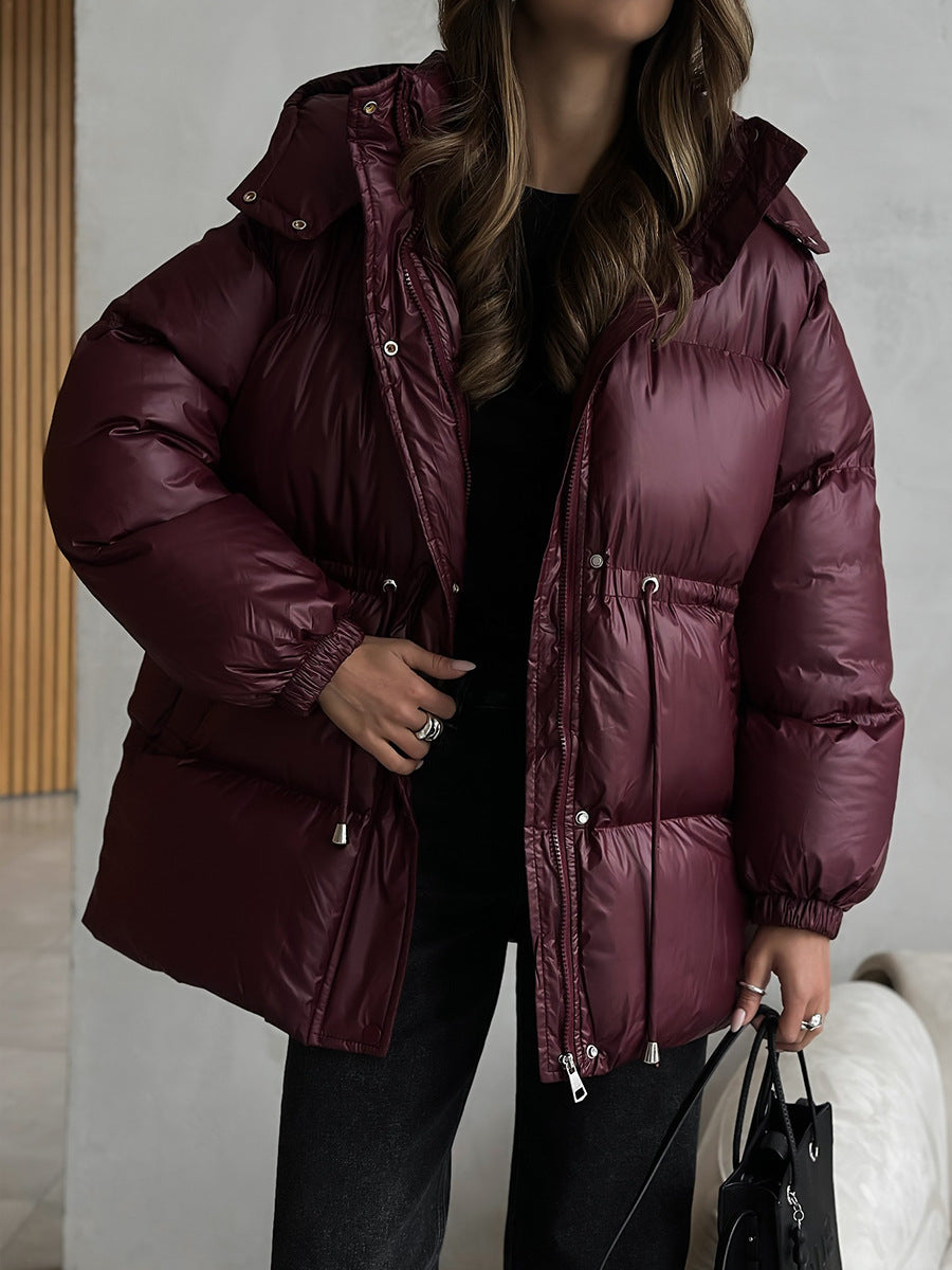 Women's drawstring waist layering jacket in burgundy, front view