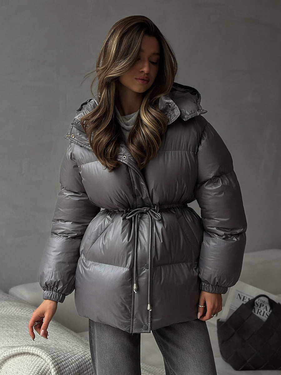 Women's drawstring waist layering jacket in gray, front view