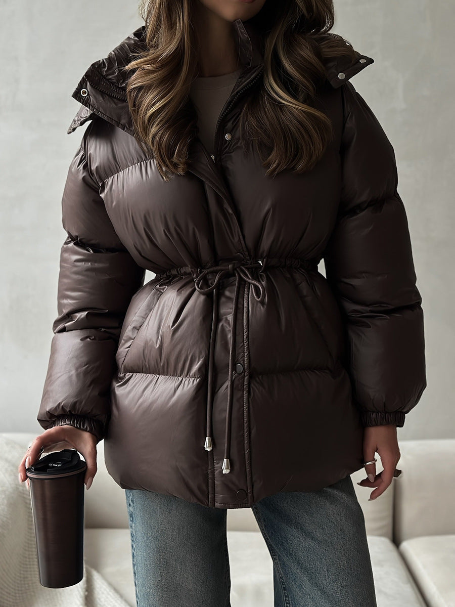 Women's drawstring waist layering jacket in brown, front view
