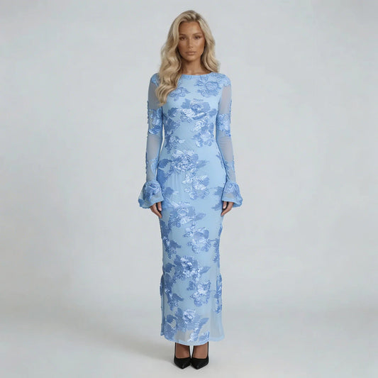 Women's embroidered mesh maxi dress in pale blue, front view