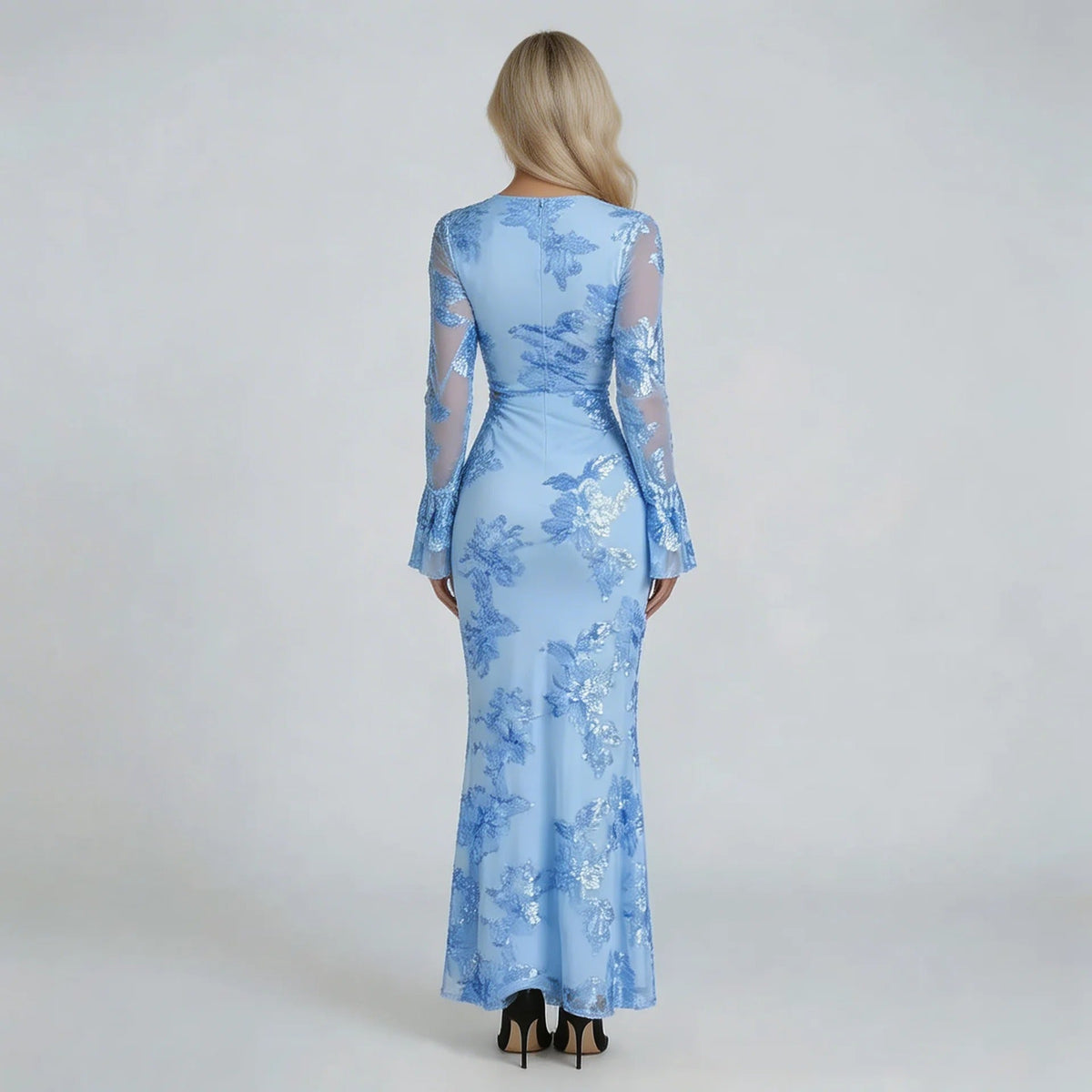 Women's embroidered mesh maxi dress in pale blue, back view