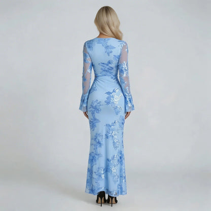 Women's embroidered mesh maxi dress in pale blue, back view