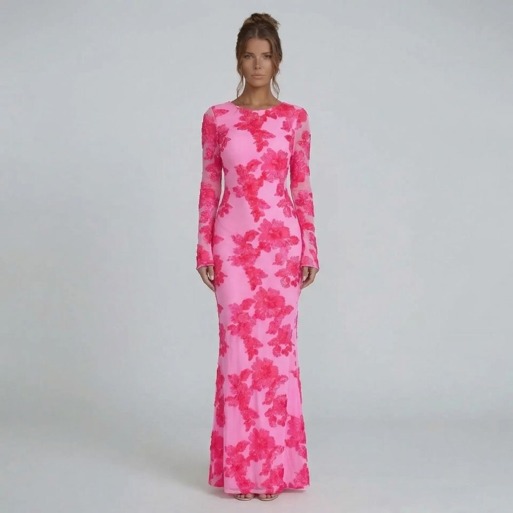 Women's embroidered mesh maxi dress in blush pink, front view