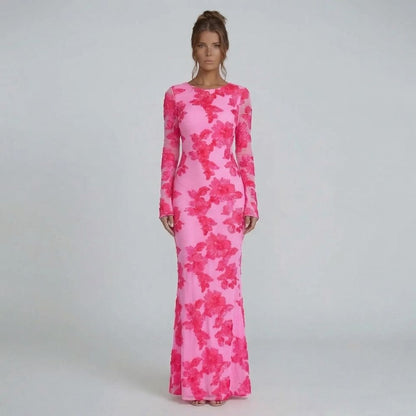 Women's embroidered mesh maxi dress in blush pink, front view