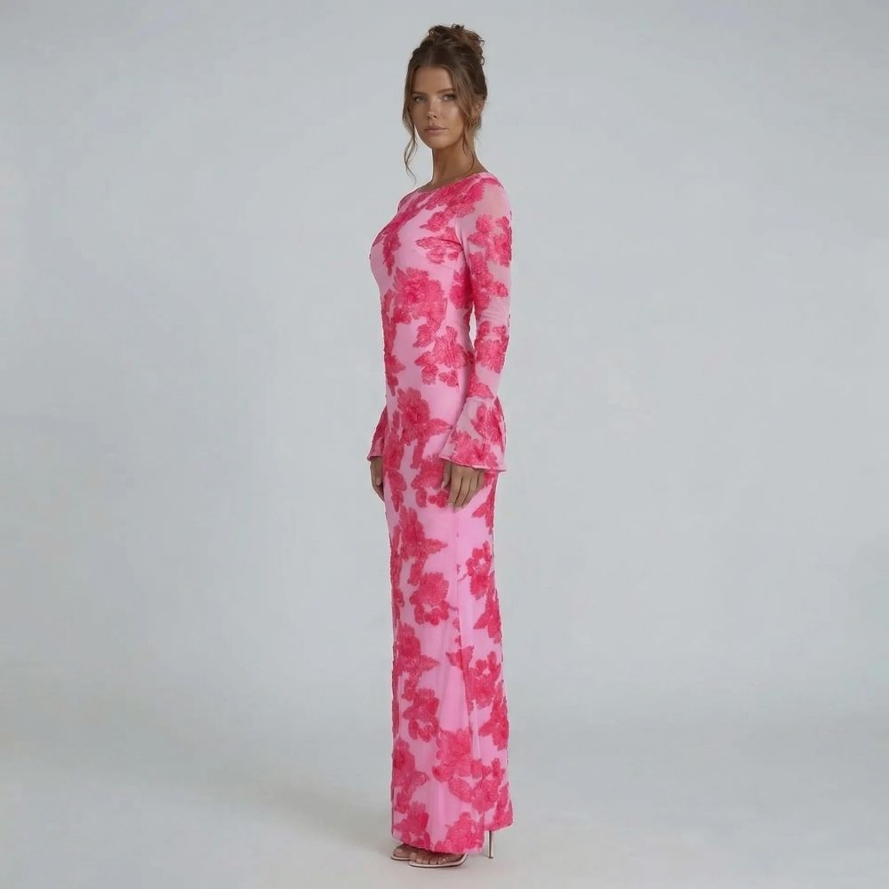 Women's embroidered mesh maxi dress in blush pink, side view