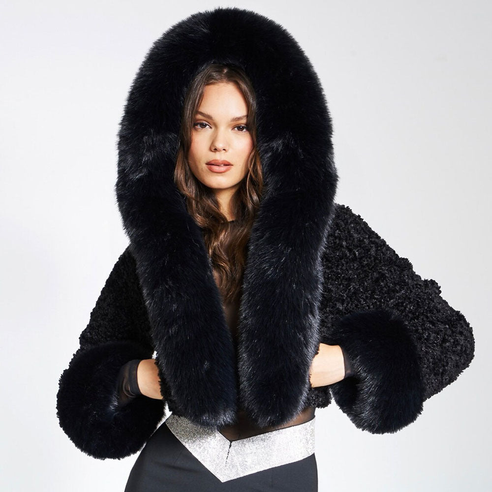 Women's faux fur layering coat in black, front view