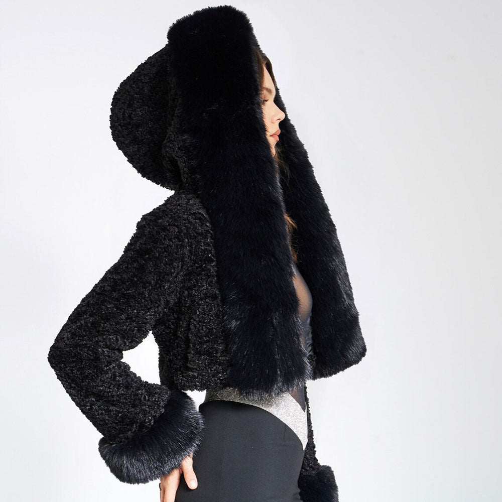 Women's faux fur layering coat in black, side view