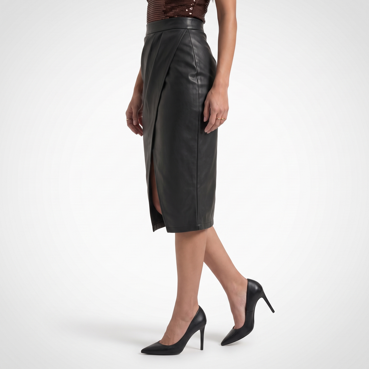Women's faux leather high waist wrap skirt in black, side view