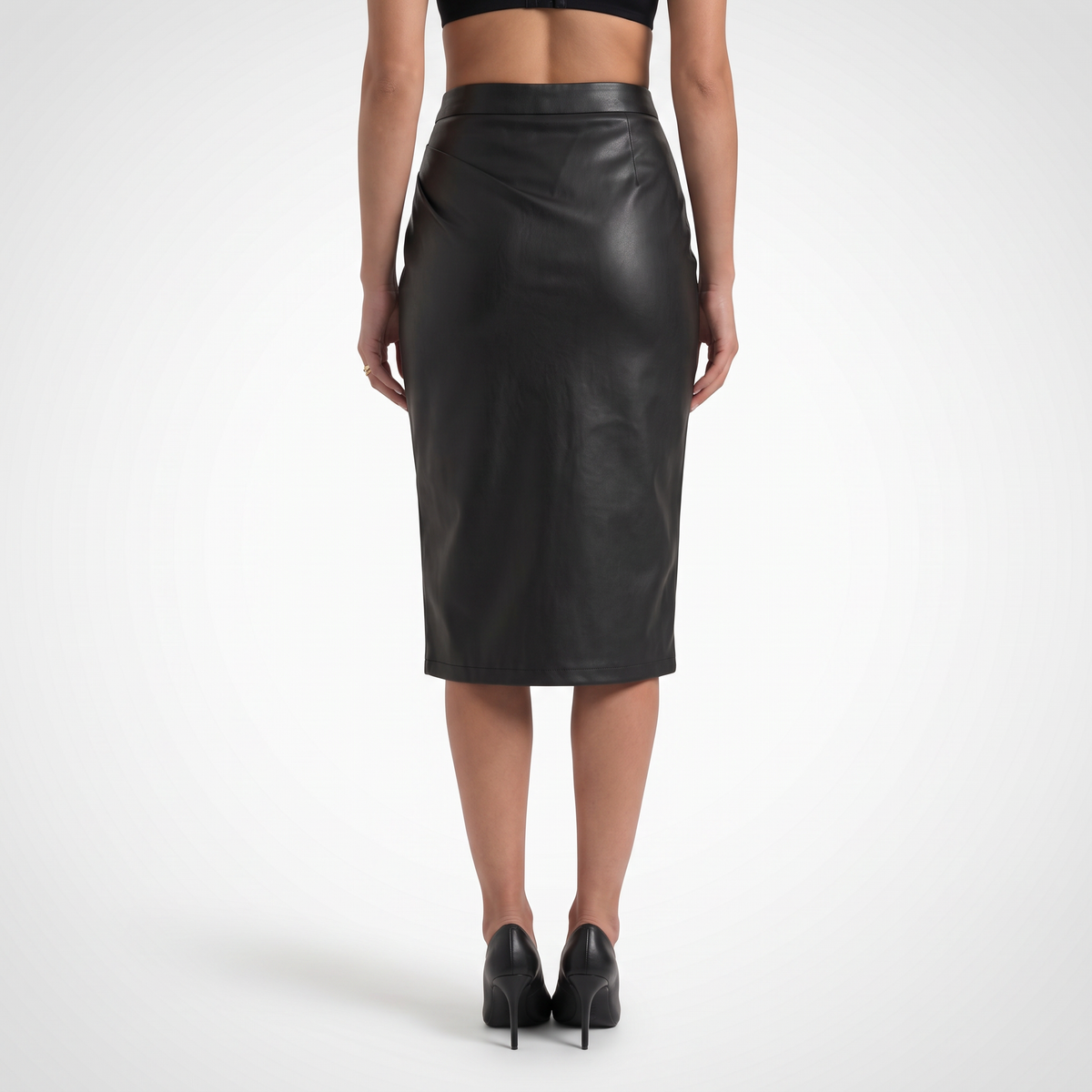 Women's faux leather high waist wrap skirt in black, back view