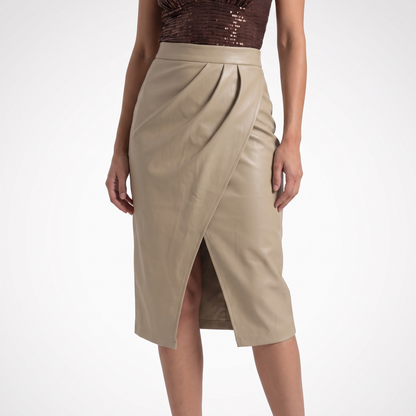 Women's faux leather high waist wrap skirt in beige, front view