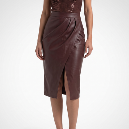 Women's faux leather high waist wrap skirt in burgundy, front view