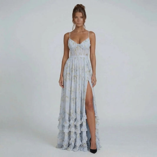 Women's floral corset tiered ruffle maxi dress in blue, front view