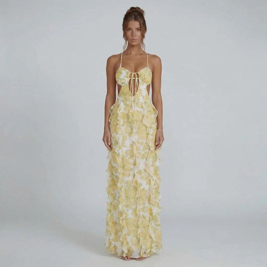Women's floral open back maxi dress in yellow and white, front view