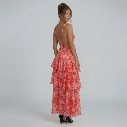 Women's floral v neck tiered ruffle maxi dress in red, back view with lace-up detail