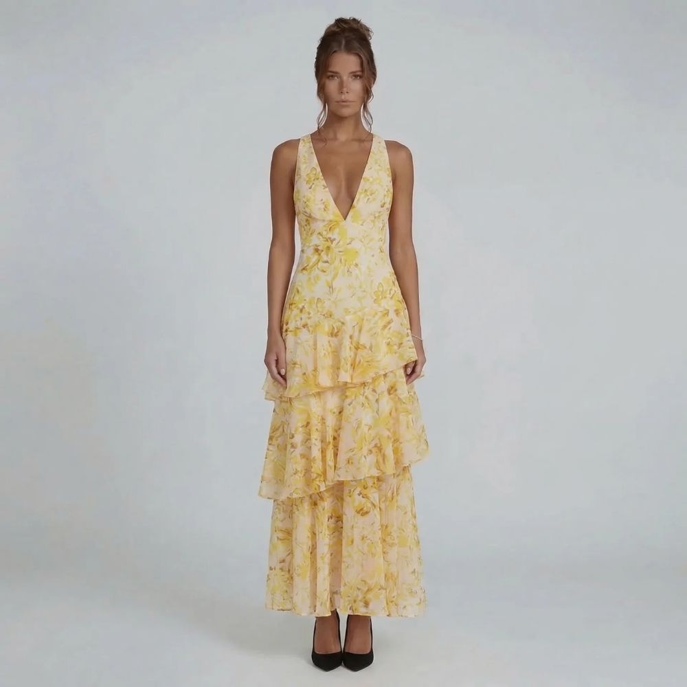 Women's floral v neck tiered ruffle maxi dress in yellow, front view