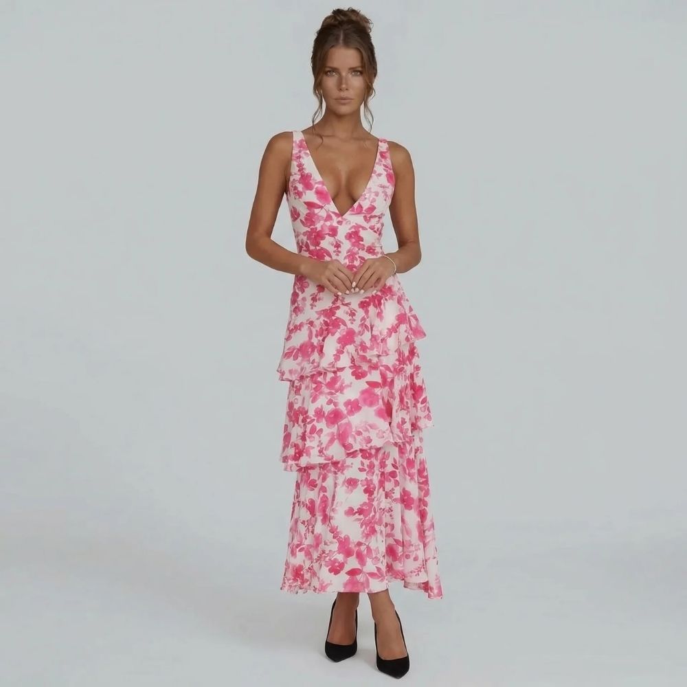 Women's floral v neck tiered ruffle maxi dress in pink, front view