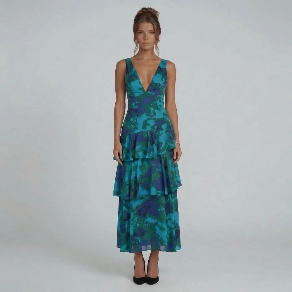 Women's floral v neck tiered ruffle maxi dress in green, front view