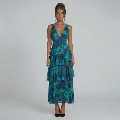 Women's floral v neck tiered ruffle maxi dress in green, front view