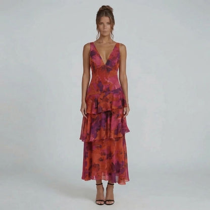 Women's floral v neck tiered ruffle maxi dress in burgundy, front view