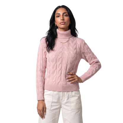 Women's foldover turtleneck tailored jumper in pink, front view