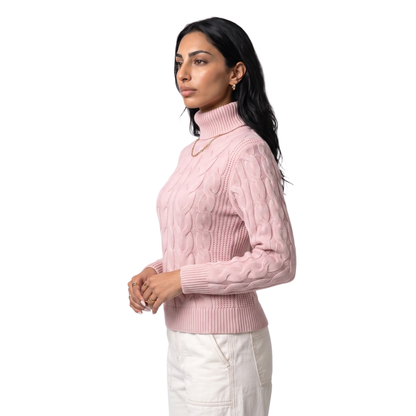 Women's foldover turtleneck tailored jumper in pink, side view