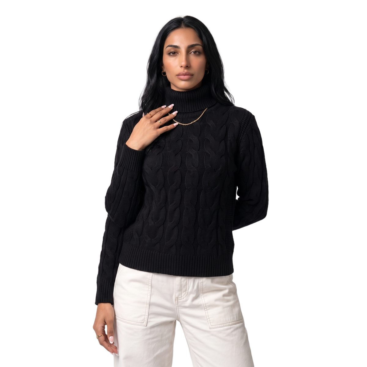 Women's foldover turtleneck tailored jumper in black, front view