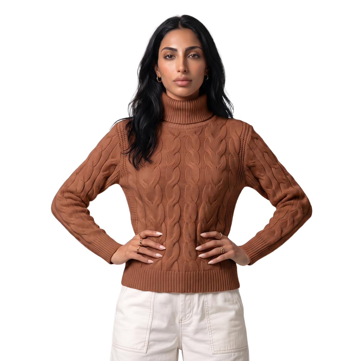 Women's foldover turtleneck tailored jumper in brown, front view
