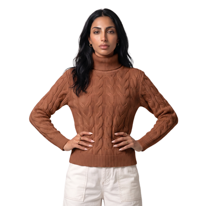 Women's foldover turtleneck tailored jumper in brown, front view