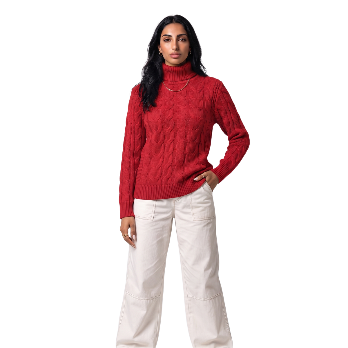Women's foldover turtleneck tailored jumper in red, front view
