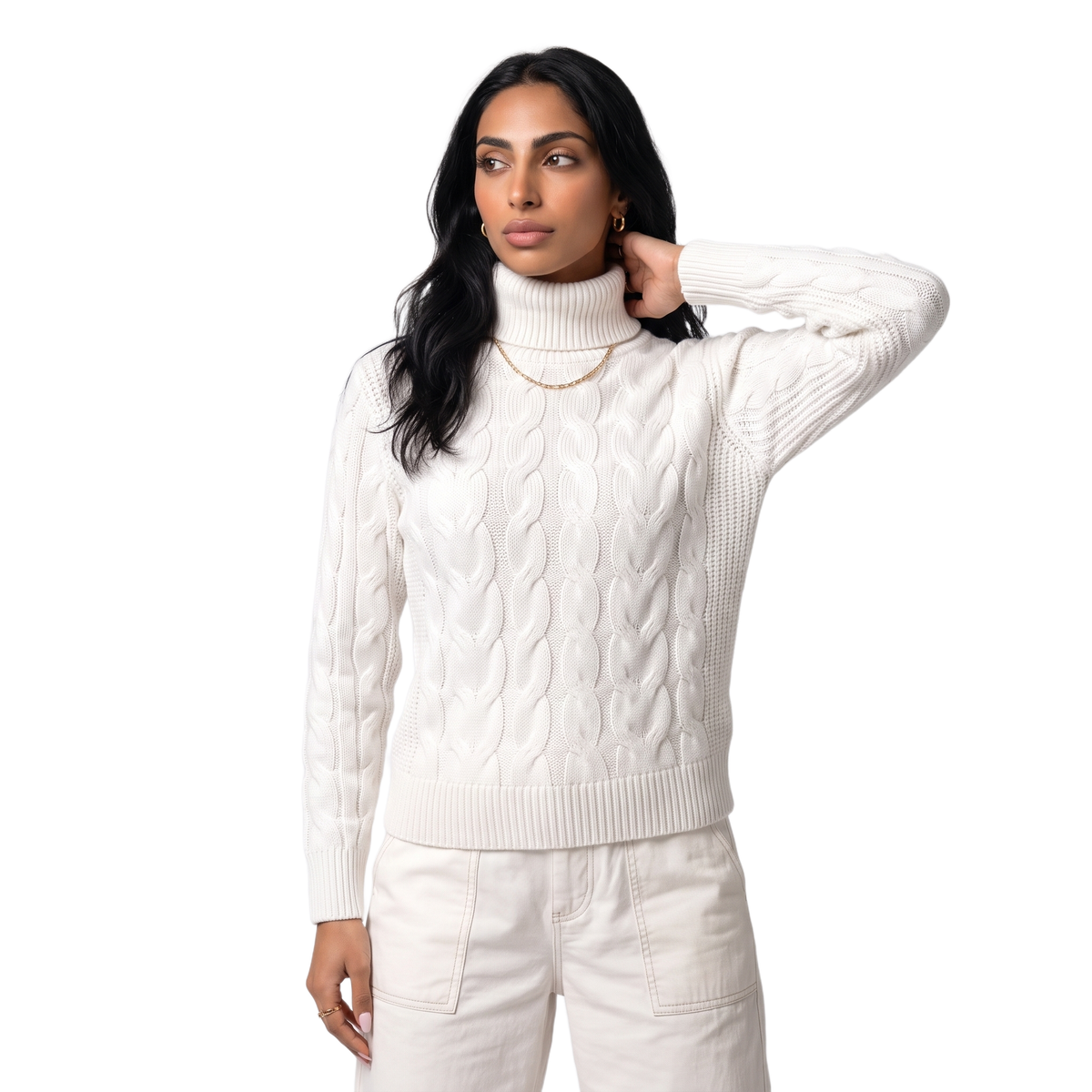 Women's foldover turtleneck tailored jumper in white, front view